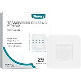 Dimora Waterproof Adhesive Bandages with Pad, Transparent Film Dressing 4x4 inch 25 Packs, Clear Bandage Tape for Wound Care, Fragile Skin and Swimming,IV Shield, Tattoo Aftercare