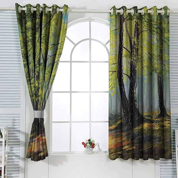 Cortinas correderas para puerta con pintura de paisaje de bosque oscuro