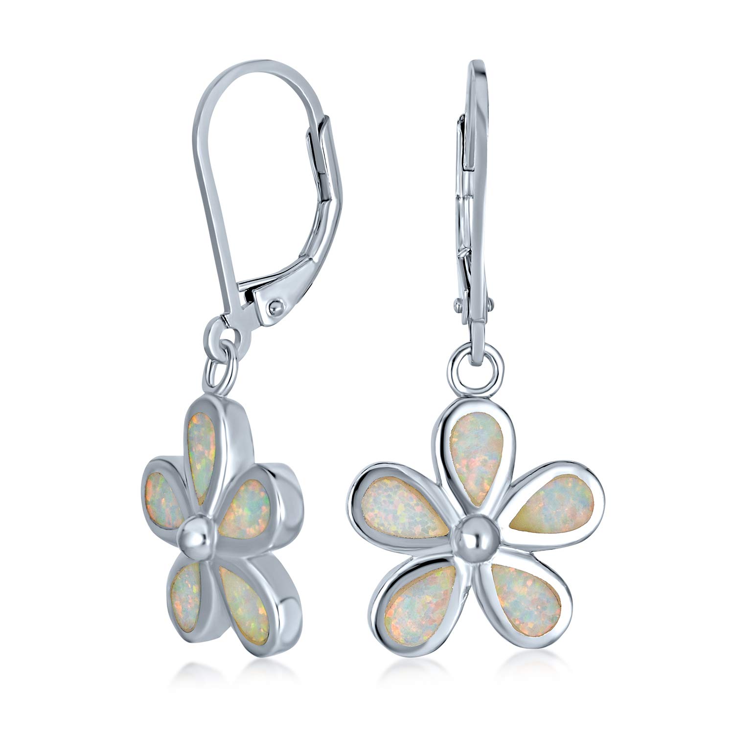 White Plumeria Flower Created Opal Dangling Earrings For Women .925 Sterling Silver Lever Back October Birthstone — image 1