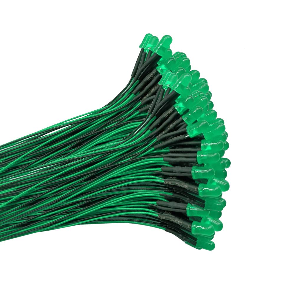 YIXISI 100 PCS 5mm LED Diodes Light with Diffused Colored Lens, Ultra Bright 12V 20cm Pre Wired, Green