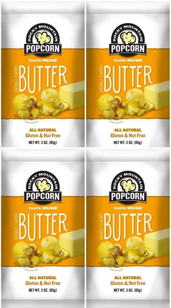 Rocky Mountain Popcorn, Real Butter Gourmet Popcorn Combo Pack, 3 Ounce Bags (Pack of 4) (Butter, 3.0 Ounce)