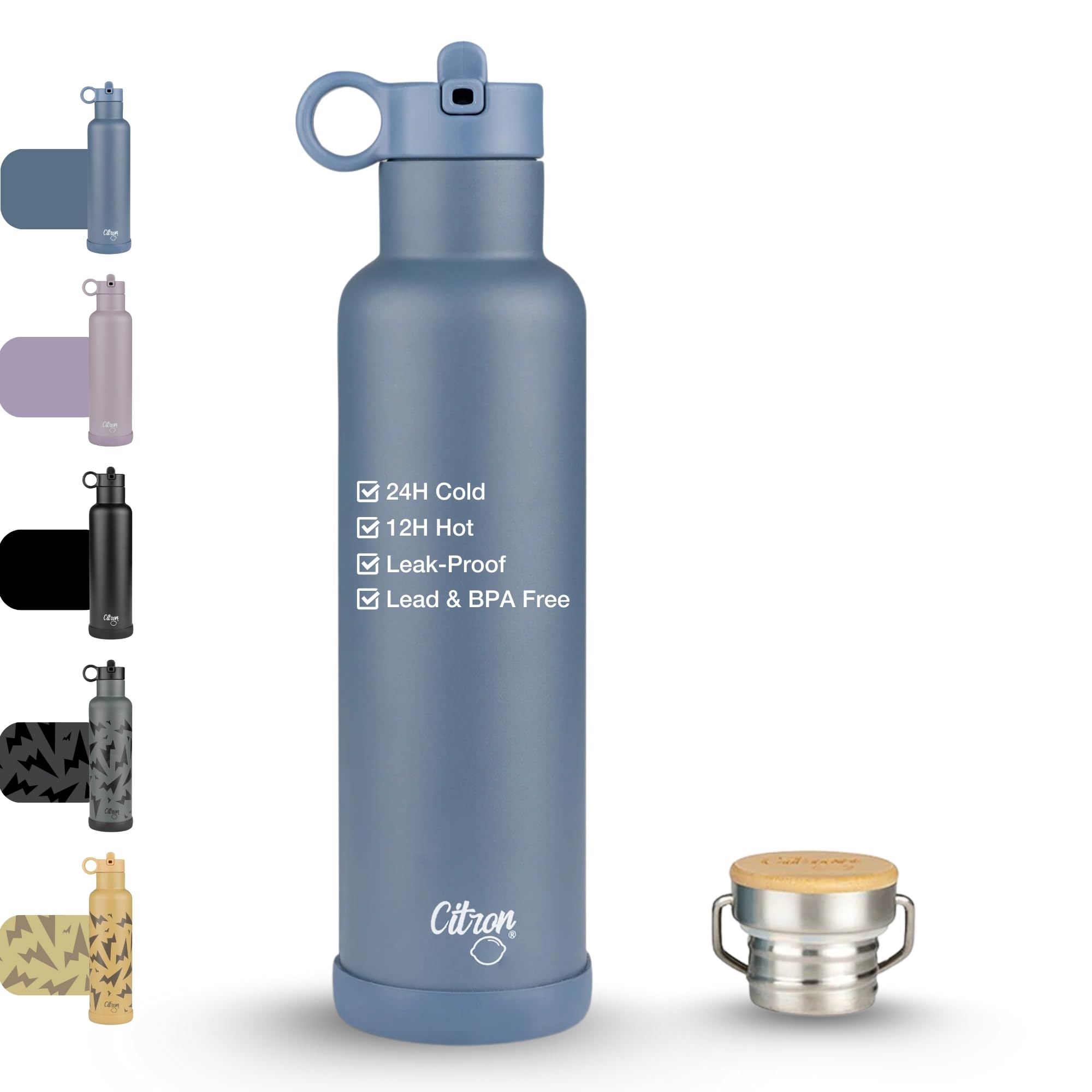 Citron Insulated Water Bottle Stainless Steel, Blue – 750ml, BPA & Lead-Free, Leak Proof Straw/Flask Lids – Keeps Liquids Cold for 24 Hours & Hot for 12 Hours - 25.36 oz — image 1