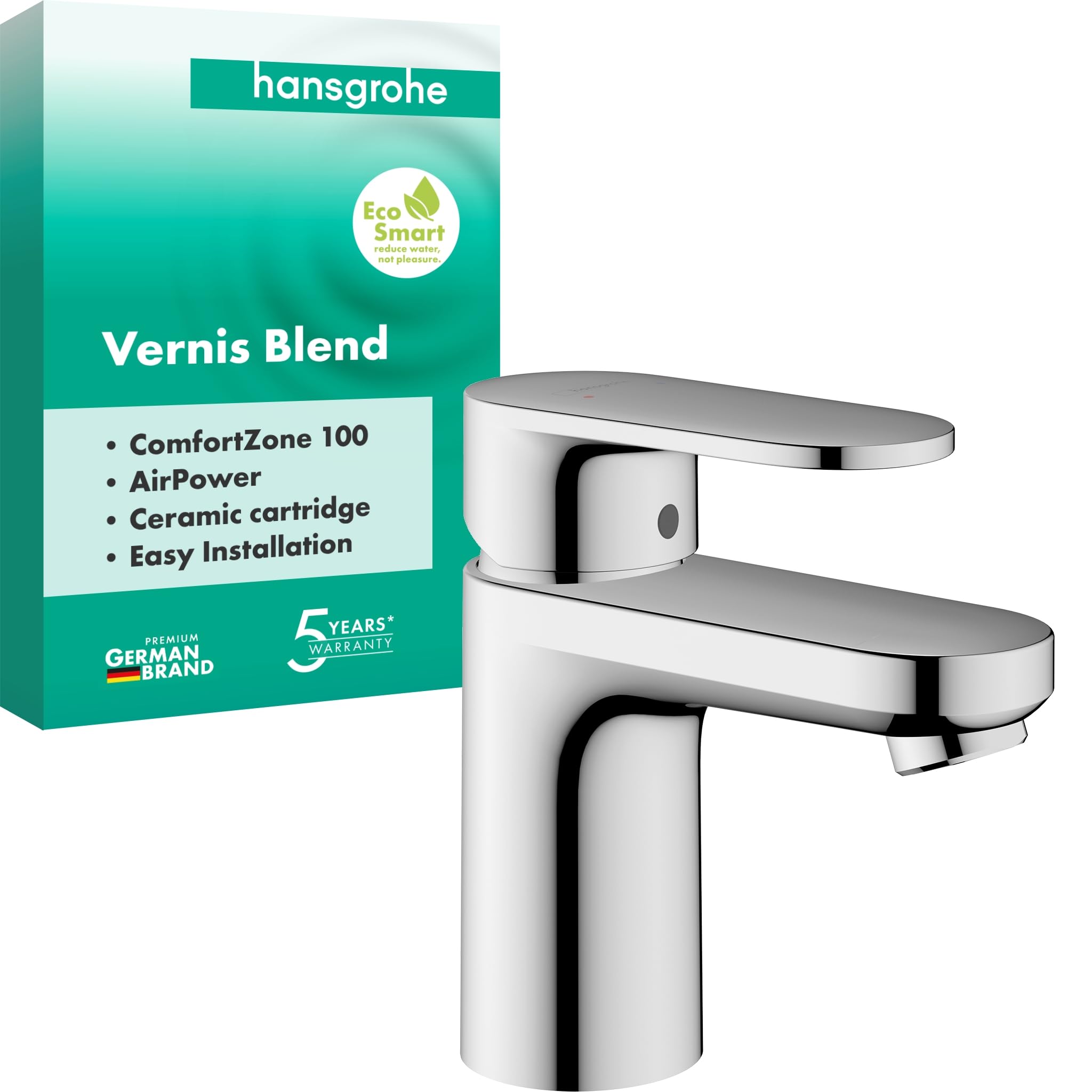 hansgrohe Vernis Blend - bathroom tap without waste, bathroom sink tap with spout height 88 mm, basin mixer tap water-saving (EcoSmart), chrome, 71580000