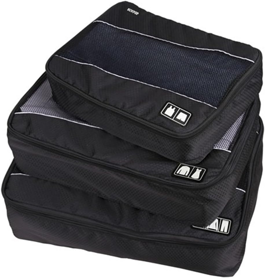 SUNPOP 3 Pcs Packing Cubes Travel Space Saver Zip Storage Bags Single Compartment Luggage Organizer (Black)