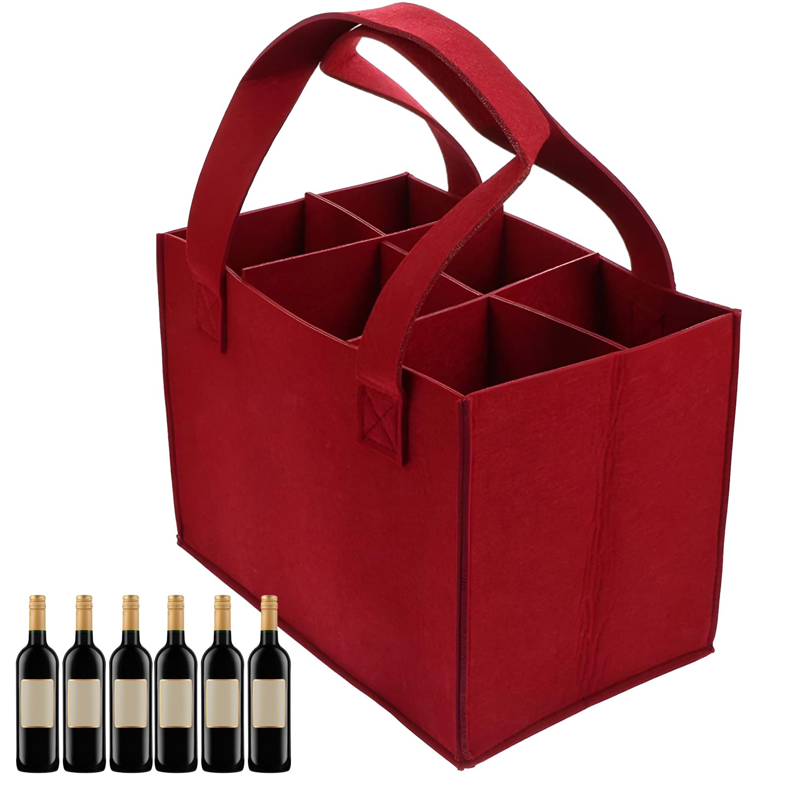 YWKJDDM Wine Bottle Carrier Felt, 6-Compartment Bottle Bag, Portable Wine Tote Carrier, Wine Bottle Holder for Travel, Picnic, Barbecue, Party Gifts (Red)