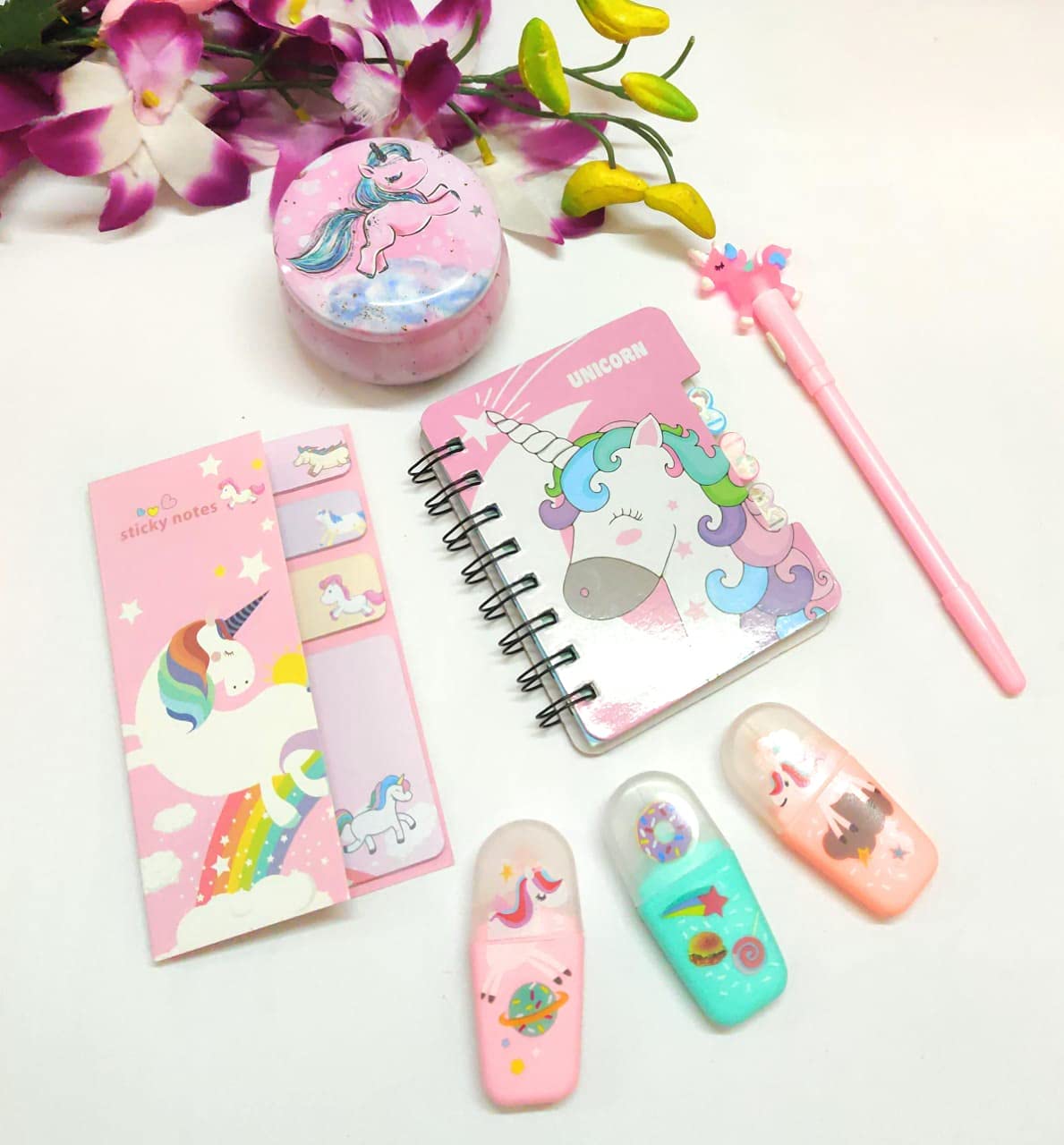 Tera13(Pack of 5 Items ) Unicorn Diary with Unicorn led Pen/ Unicorn Sticky Notes/ Unicorn Highlighter/ Unicorn Pot Shape tin Box Tera13(Pack of 5 Items ) Unicorn Diary with Unicorn led Pen/ Unicorn Sticky Notes/ Unicorn Highlighter/ Unicorn Pot Shape tin Box