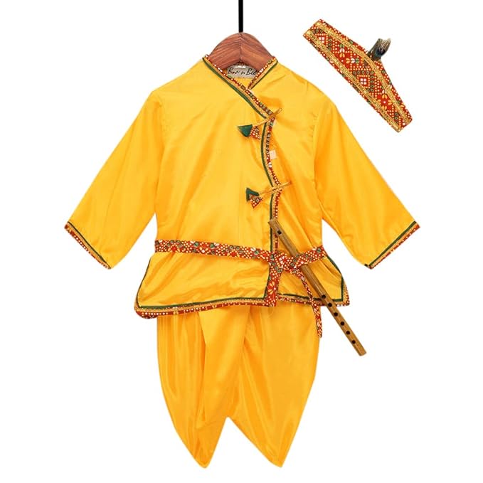 BownBee By Hopscotch Baby Boys Polyester Kanhaiya Dhoti Kurta Suit in Yellow Color