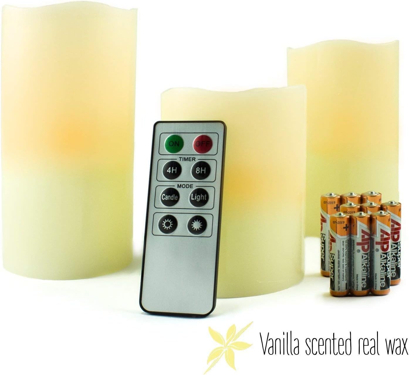 NOVAGLOW Vanilla Scented Real Wax LED Candles with remote & timer (batteries included). Flickering or Permanent Light & Adjustable Brightness!!