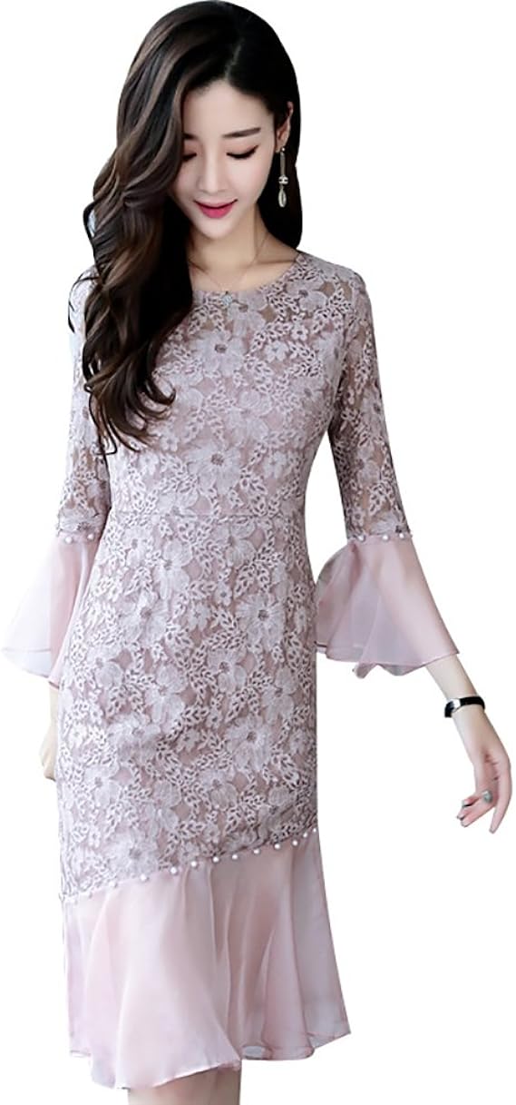 Amazon Co Jp レディース パーティー ワンピース ミモレ丈 ハイウェスト レース 透かし彫り スリム 膝丈 花柄 細身 着痩せ パーティー 結婚式 リゾート 服 ファッション小物