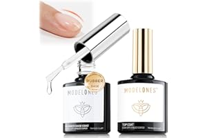 modelones Rubber Builder Gel Base and No Wipe Top Coat Set, 2Pcs Rubber Base and Clear Top Coat Gel Nail Polish for Strengthener Apex Building Long Last Soak Off Uv Manicure Thin Weak Nail Protector