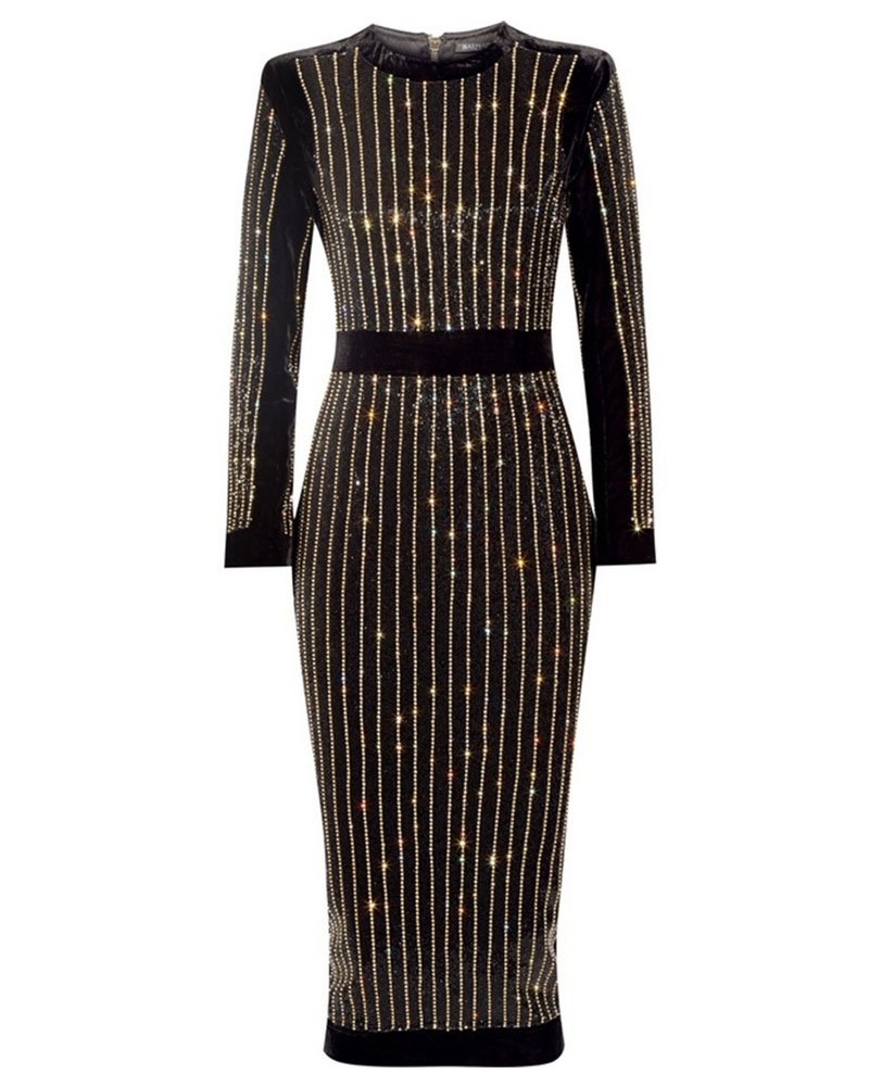 White Rhinestone Embellishment Bodycon Midi Dress - ZEKELA.com