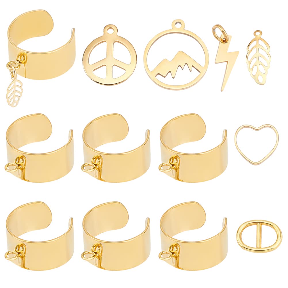 UNICRAFTALE DIY Charm Cuff Ring Making Kit Including Stainless Steel Open Ring Findings Heart Pendant Leaf Charms Lightning Peace Sign Charms Link Connectors Golden Open Jump Rings
