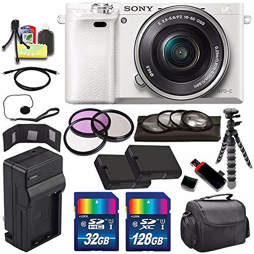 Sony Alpha a6000 Mirrorless Digital Camera with 16-50mm Lens (White) + Battery + Charger + 160GB Bundle 8 - International Version (No Warranty)