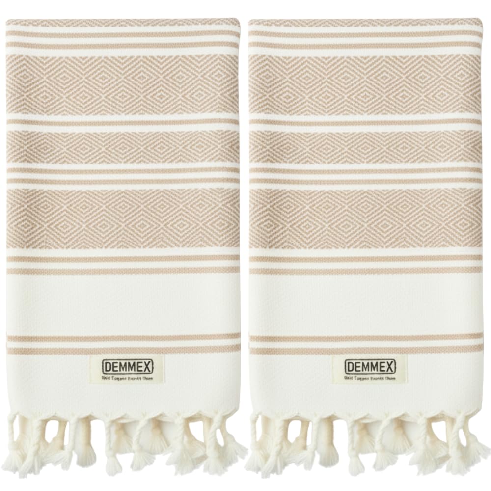 DEMMEX Organic Turkish Cotton Hand Towels Set of 2, Quick Dry Soft Diamond Weave, Absorbent Prewashed OEKO-TEX Bathroom Kitchen Towels 45x90cm (Beige)