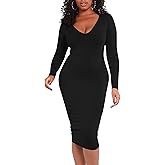 BORIFLORS Women's Sexy Bodycon Long Sleeve Deep V Neck Club Party Midi Pencil Dresses