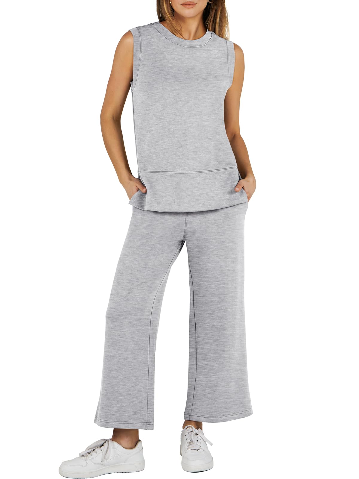 ANRABESS Women's 2 Piece Sets Summer Outfits Sleeveless Wide Leg Tracksuits Casual Sweat Sets Lounge Sweatsuits Light Grey Large