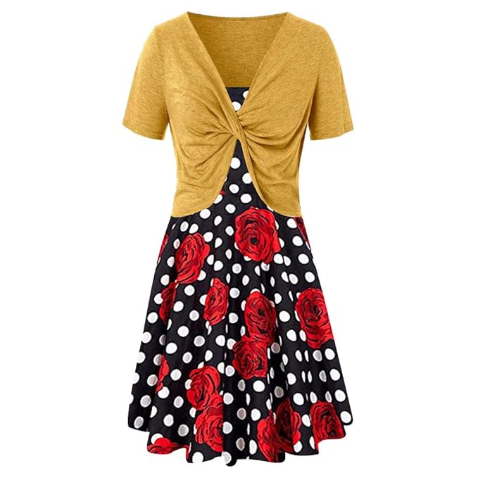 CUTUDE Damen Kleider Röcke Kurzarm Sommerkleide Frauen Sommer Rose Polka Dot Print Kleid Sling Pullover Zweiteiliges Set
