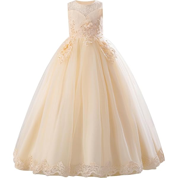 IDOPIP Flower Girl Lace Dress for Kids Wedding Pageant Formal Party Long Gown Princess First Communion Maxi Tulle Dresses
