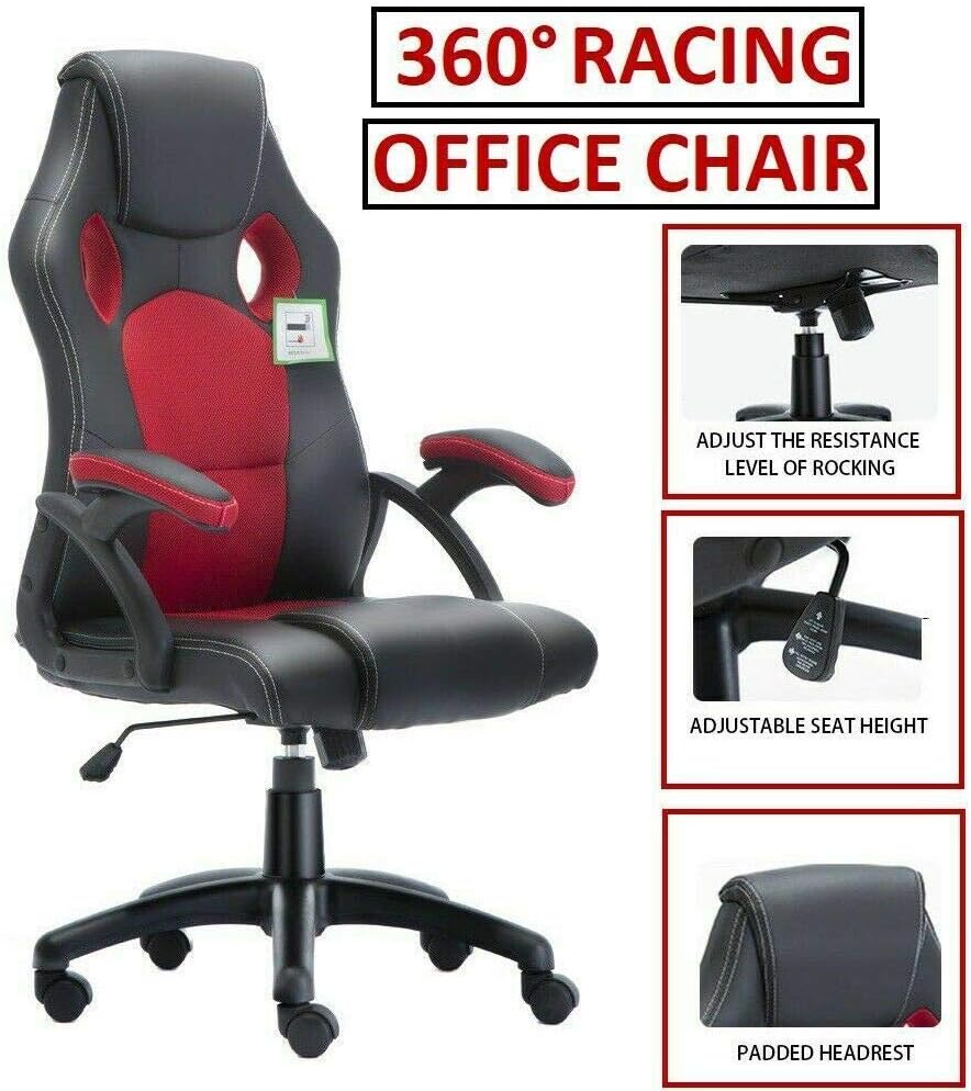 H RANGE OFFICE CHAIR EXECUTIVE RACING GAMING 360 SWIVEL PU LEATHER SPORT COMPUTER DESK (Red)