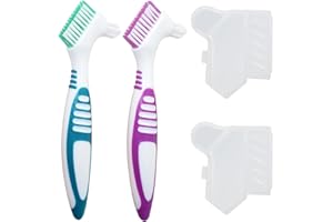 2 Pack Denture Brushes with Covers, Denture Cleaning Brushes Double Sided Denture Toothbrush, Rubber Anti-Slip Handle, Dentur