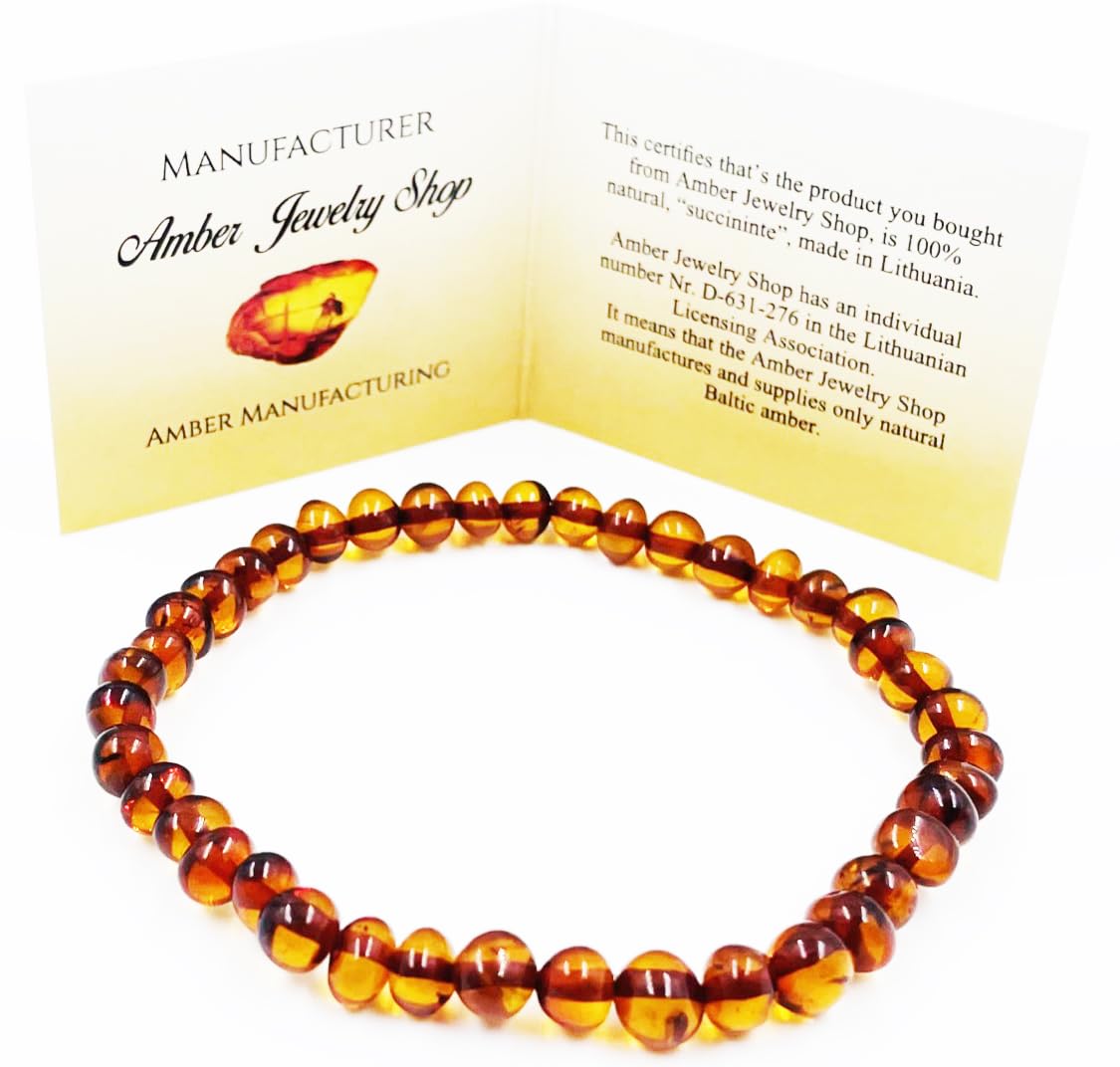 Natural Baltic Amber Bracelet For Adults (Unisex) - Handmade From Genuine Amber Beads (Cognac, Baroque)