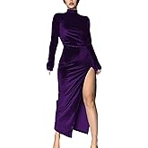 SEMATOMALA Women's Long Sleeve Side Ruched High Slit Maxi Dress Mock Neck Velvet Bodycon Party Club Thigh Split Long Dress