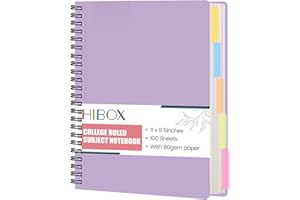 HIBOX Spiral Notebook with Tabs, 8.5x11inch Hardcover Large Ruled Pages Journals with Deviders Subject 5 Project Notebook Perforated Edges for School Office, Purple