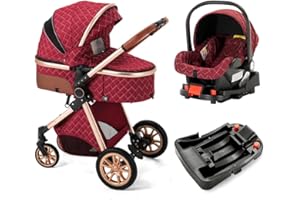 WISESONLE Luxurious Baby Stroller with Infant Carrier, Baby Carriage with Detachable Bassinet for Newborn (B-Red(with Base))