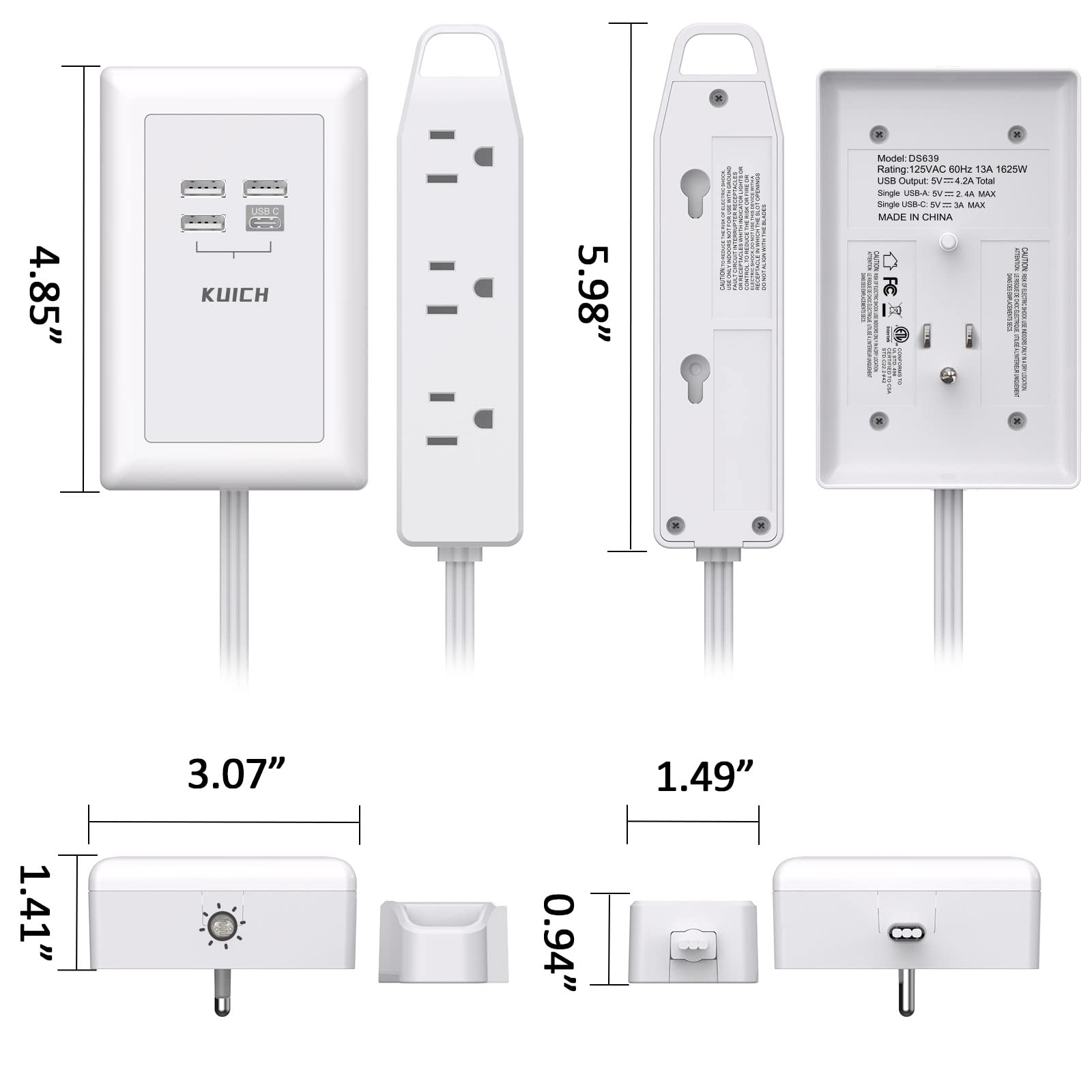 KUICH Power Strip with Night Light and 4 USB Ports Power Plug, 6 Ft Extension Cord and 3 Outlet Extender, Wall Mount for Home Office Dorm Room Essentials, ETL Listed