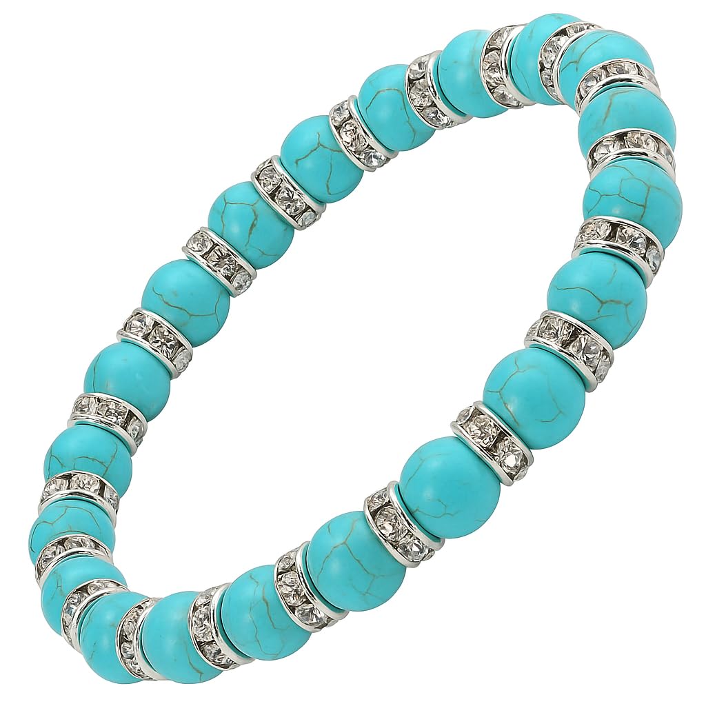 Turquoise Howlite Bracelet for Women – Boho Stretch Beaded Crystal Bracelet – Reiki Yoga Jewellery with Clear Crystal Beads – Spiritual Festival Gift in Luxury Jewelry Box