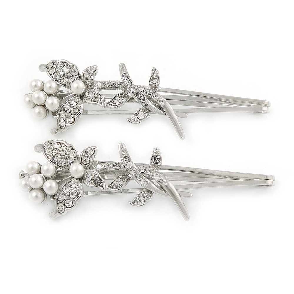 2 Bridal/Prom Clear Crystal, White Glass Pearl Butterfly Hair Grips/Slides In Rhodium Plating - 70mm L