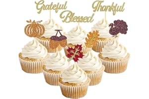 AUKOLASS Glittery Thanksgiving Cupcake Toppers, 24 Pcs Fall Themed Cupcake Toppers Turkey Maple Leaf Pumpkin Cake Picks for Thanksgiving Day Party Decorations