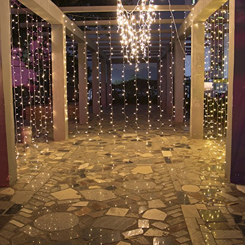 LEORX Curtain Lights 300 LEDs 9.8 X 9.8ft, 8 Modes Curtain Fairy Lights for New Year Wedding Party Bedroom Garden Patio Outdoor Indoor, Warm White