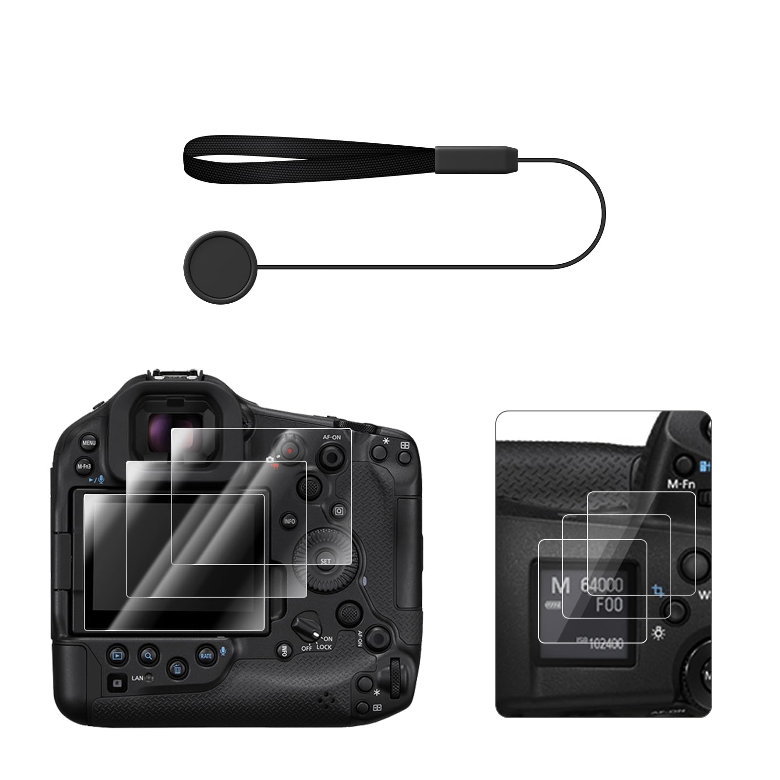 VOVMOEYA 3 Screen Protectors and 3 PET Top Films for Canon EOS R5 Mark II/R5/R3/R1 with 1 Lens Cap Leash and installation tools, R5M2 Tempered Glass Film, 0.25mm 9H Anti-Scratch Anti-Bubble