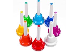 HOFURME 8 Notes Hand Bells, Musical Hand Bell Set with Colorful Design, 8 Pack Colorful Handbells, Durable Iron Bells for Adults, Church Choir (4.3 Inch)