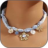 Silk Scarf Necklace for Women Gold Bow Star Pearl Scarf Necklace Colorful Adjustable Scarf Necklaces with Charm Summer Beach Holiday Jewelry