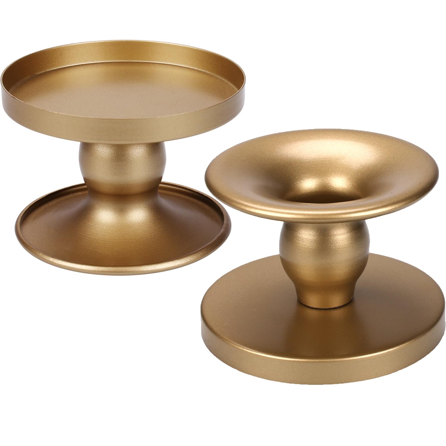 Photo 1 of Table Gold Candle Holders – Set of 2 | Reversible Metal Candle Stand for Pillar & Taper Candles | Stylish Tabletop Candle Tray for Home Décor, Weddings & Special Occasions (Gold Reversible - 2)
