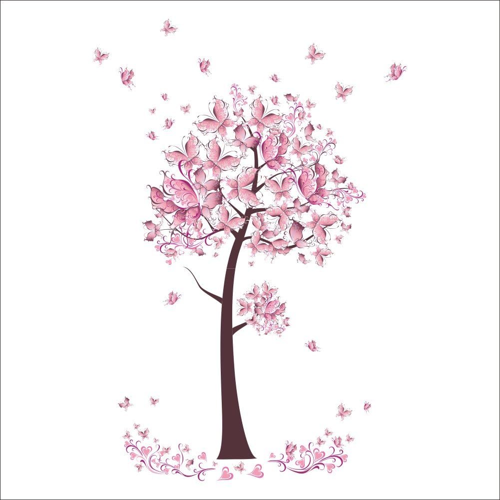 Angsuphe Pink Pansy Tree Wall Stickers Removable DIY Background Wall Decal Vinyl Wallpaper Decor for Living Room Bedroom Kids Room