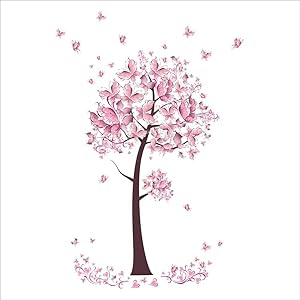 Angsuphe Pink Pansy Tree Wall Stickers Removable DIY Background Wall Decal Vinyl Wallpaper Decor for Living Room Bedroom Kids Room