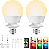 Brightown E26 Rechargeable Light Bulb with Remote and Timer | Magnetic Base, Battery Backup Bulb for Sconce, Lamps and Non-Hardwired Fixtures, 3 Color Temperatures + 9 RGB Colors, 2 Pack