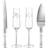 Boao 4 Pieces Wedding Toasting Flutes and Cake Server Set Wedding Reception Supplies Champagne Glasses Cake Knife Pie Server (Clear,Classic)