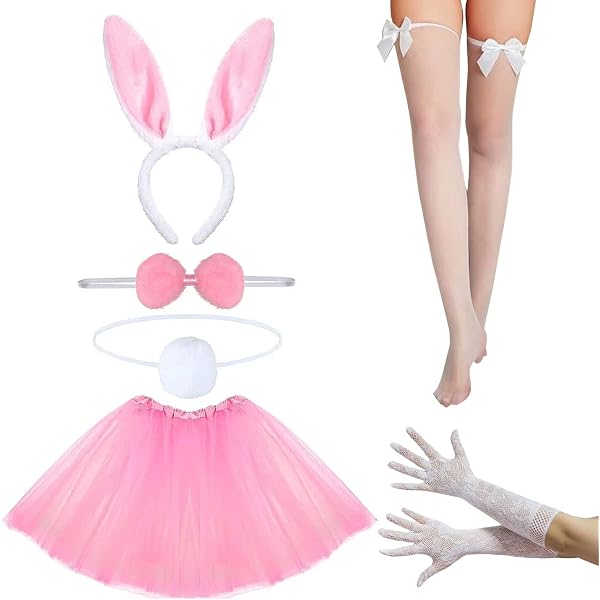KSJEHW Costume Lapin Femme – 5 Pièces : Oreilles, Nœud Papillon, Manchettes, Queue – Pour Pâques Et Soirées