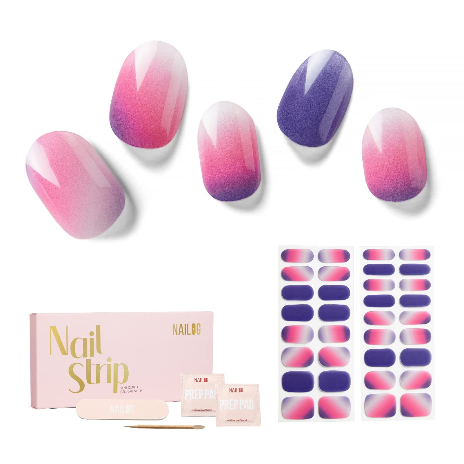 NAILOG Semi Cured Gel Nail Strips, 34 pcs Salon-Quality Gel Nail Stickers, Long Lasting Nail Wraps for Women with Soft Gel Finish, at Dust