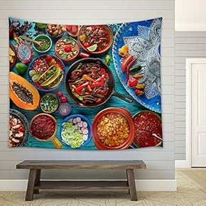 Mexican Food Mix Colorful Background Mexico and Sombrero - Fabric Wall Tapestry Home Decor - 51x60 inches