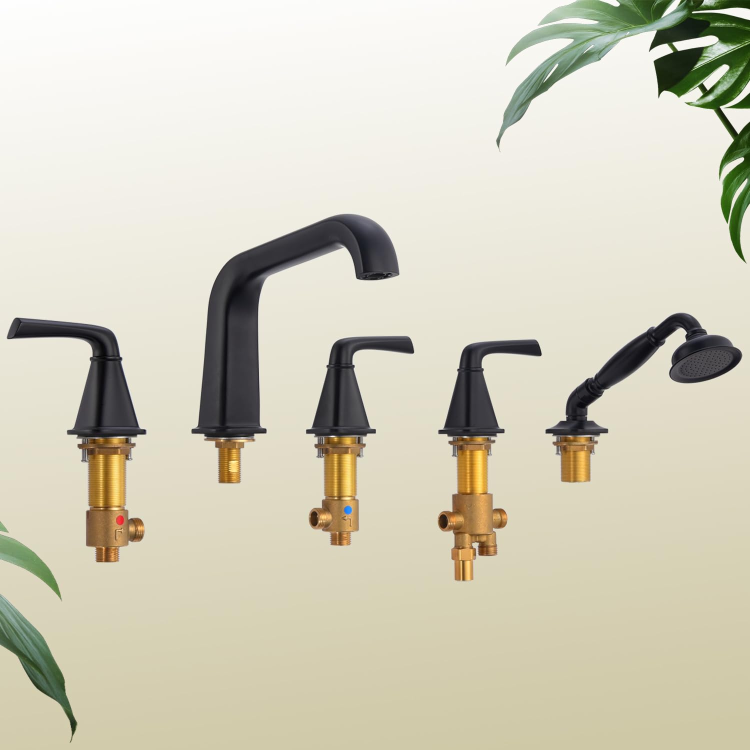 Photo 1 of Roman tub Faucet with Sprayer, Qinkell Tub Faucet Set with Valve, 5 Hole Deck Mount Tub Faucets, 3 Handle High Flow Tub Filler with Hand Shower and Supply Lines Matte Black