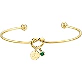 Turandoss Initial Birthstone Bracelets for Women, Dainty 14K Gold Plated 12 Months Disc Initial A-Z Birthstone Heart Knot Bangle Bracelet Birthday Bridesmaid Valentines Jewelry Gifts for Women Girls