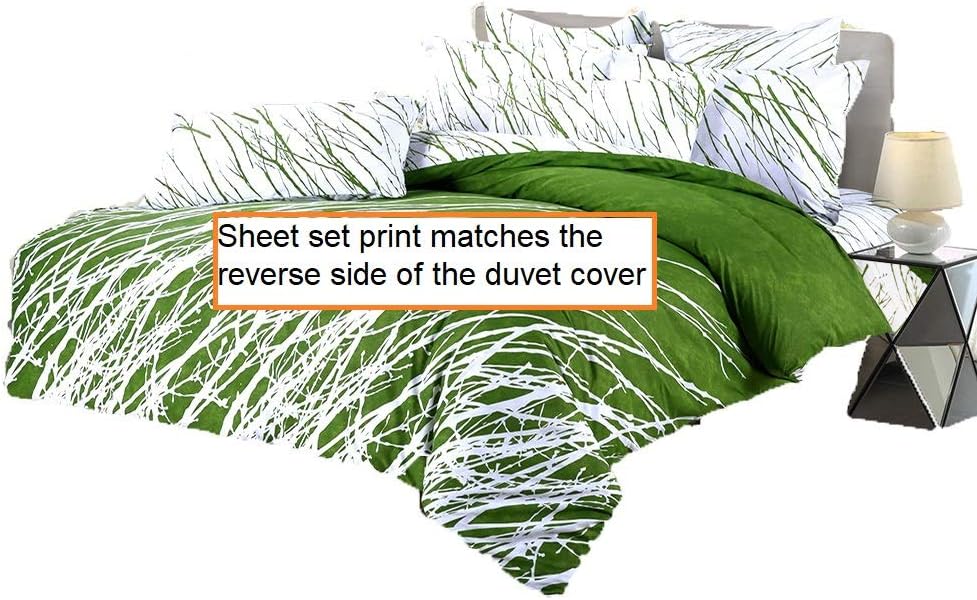 Swanson Beddings Tree 4 Piece 100% Cotton Sheet Set: Fitted Sheet, Flat Sheet and A Pair of Pillowcases (Green-White, Queen)