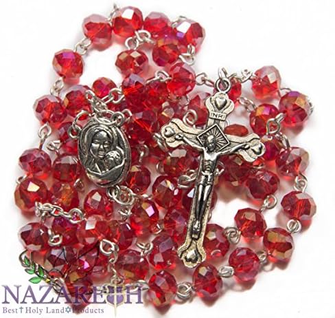 Beautiful Red Crystal Beads Rosary Catholic Necklace Holy Soil Medal &amp; Crucifix