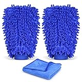 INTEY Car Wash Mitt, Car Cleaning Kit, 2 Packs Microfiber Chenille Wash Glove with 27x12 Inch Towel, Blue