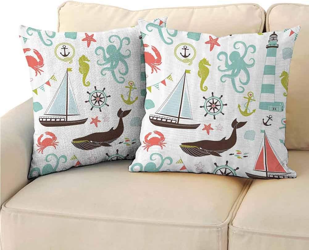 DuckBaby Soft Decorative Pillowcase Fabric Whale Shark Seahorse Sea Creatures Rope and Anchor Octopus Coral Crab Marine Lighthouse Ocean Theme Easy to Care (2 PCS, 24x24 Inch) Coral Turquoise Brown